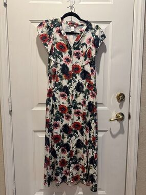 H&M Floral Maxi Dress in White with Red & Pink Blooms